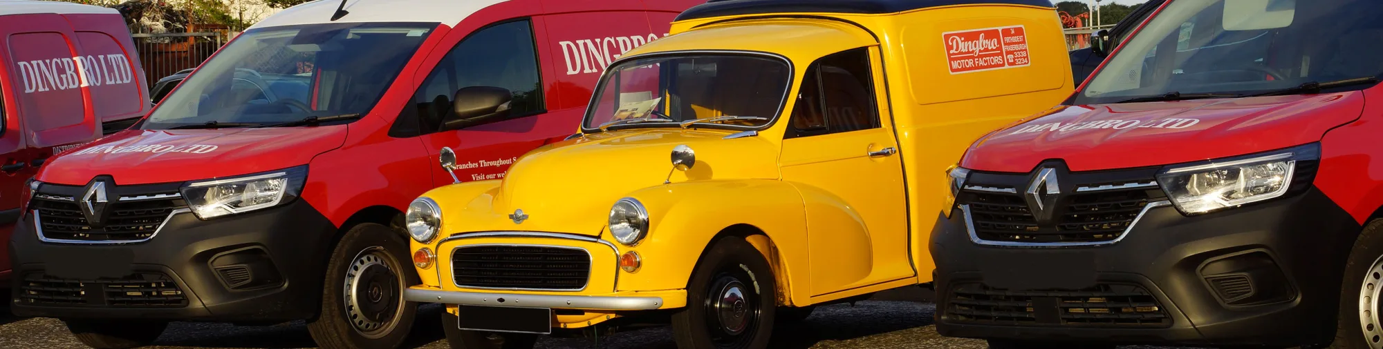 Dingbro delivery vans with a restored 1970s Dingbro Motor Factors van